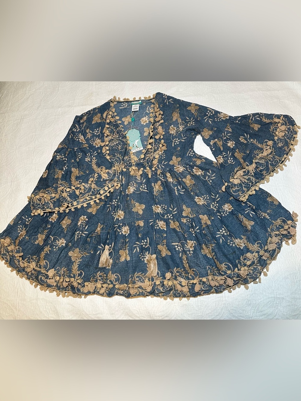 Boho Floral Embroidered Peasant Top - Blue & Tan